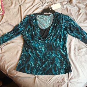 PerSeption Concept Black and Teal Patterned Blouse